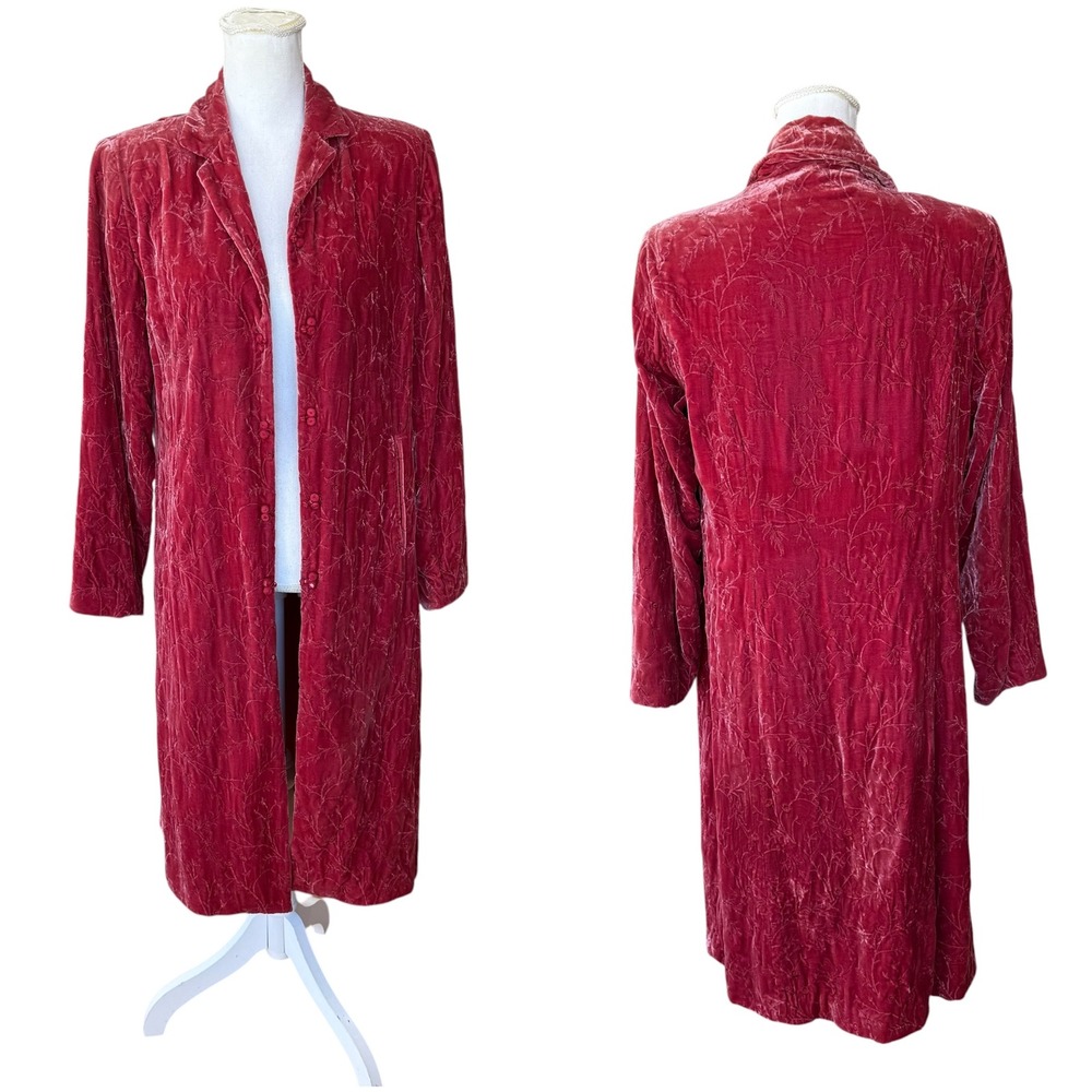 Lance Karesh Red Silk Blend Velvet Duster Coat Floral Frog Button Jacket